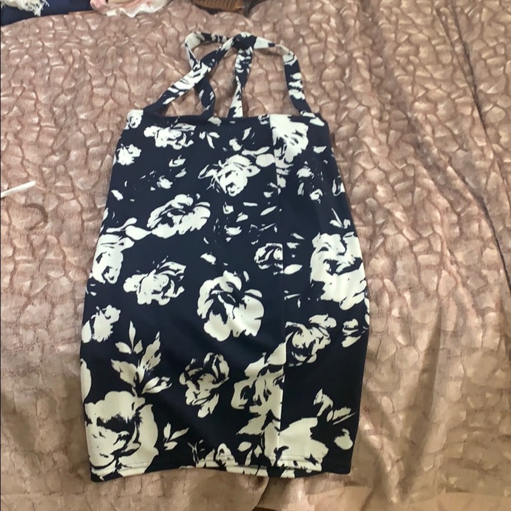 Navy blue & white print pencil skirt w/suspenders